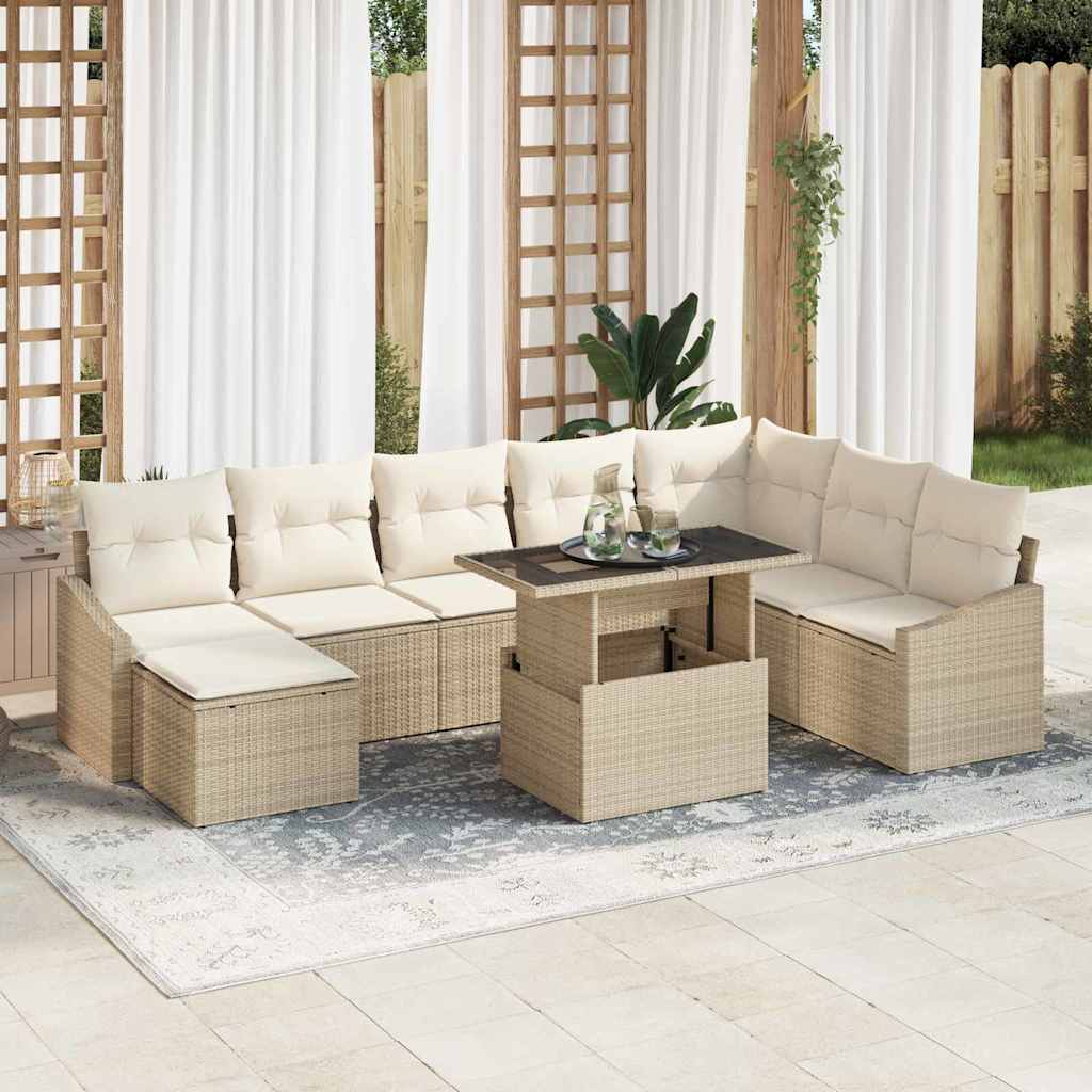 Garten-Sofa-Set mit Kissen mit Speicher 9 pcs Beige und Creme